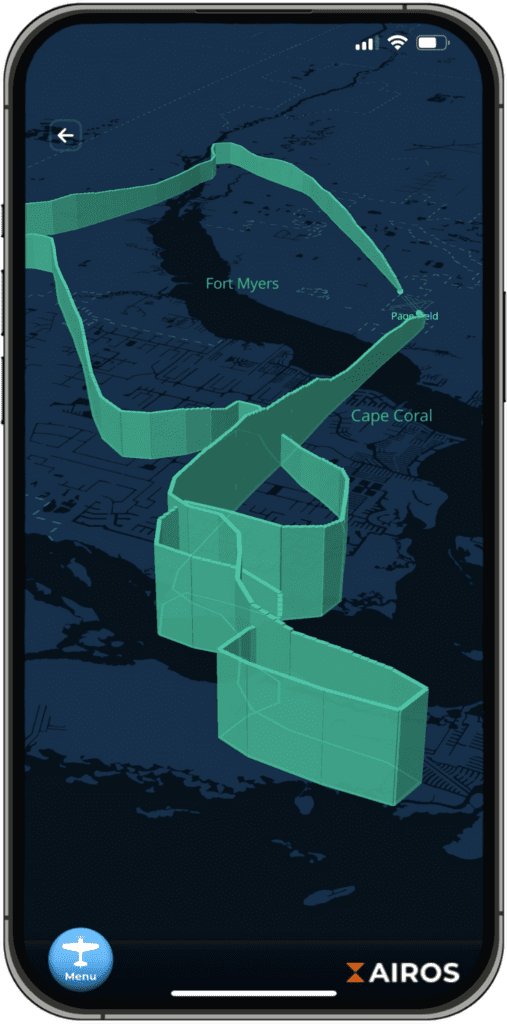 A screenshot from the mobile app for "AIROS - The best digital pilot logbook" displaying a 3D flight map