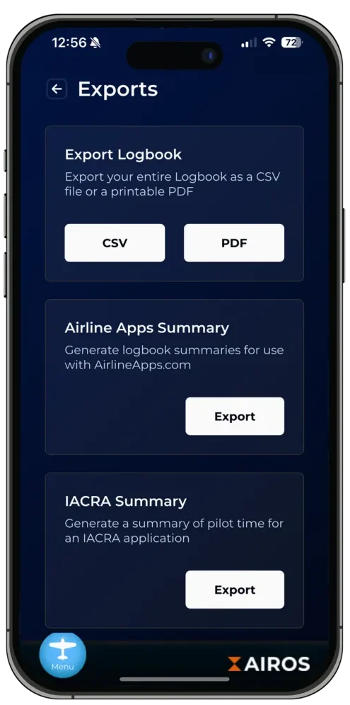 A screenshot of the mobile app for "AIROS - The Best Digital Pilot Logbook" showing its ability to do various helpful exports of the flight logbook.