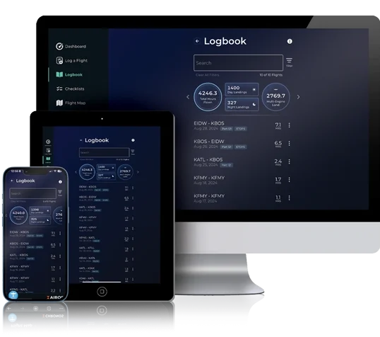 The AIROS digital pilot logbook dashboard displayed on mobile, tablet, and PC