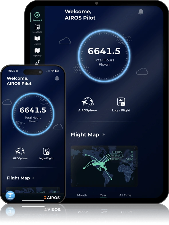 The sleek app dashboard on iPhone and tablet for "AIROS - The Best Digital Pilot Logbook", showing the hours and map of flights entered into the logbook app