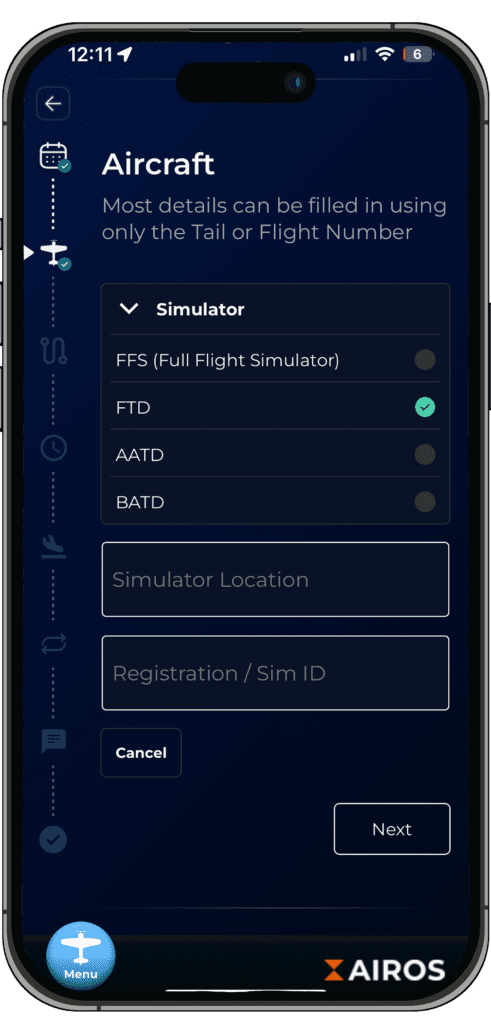 The simulator entry interface on the AIROS mobile app
