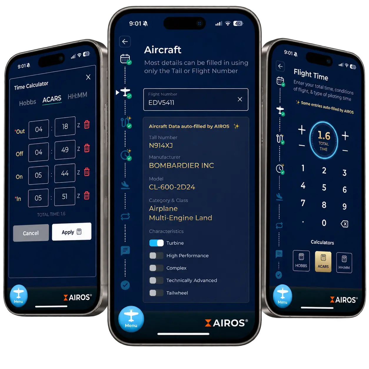 AIROS Digital Pilot Logbook on iPhones and Androids. Log a Flight screenshots.