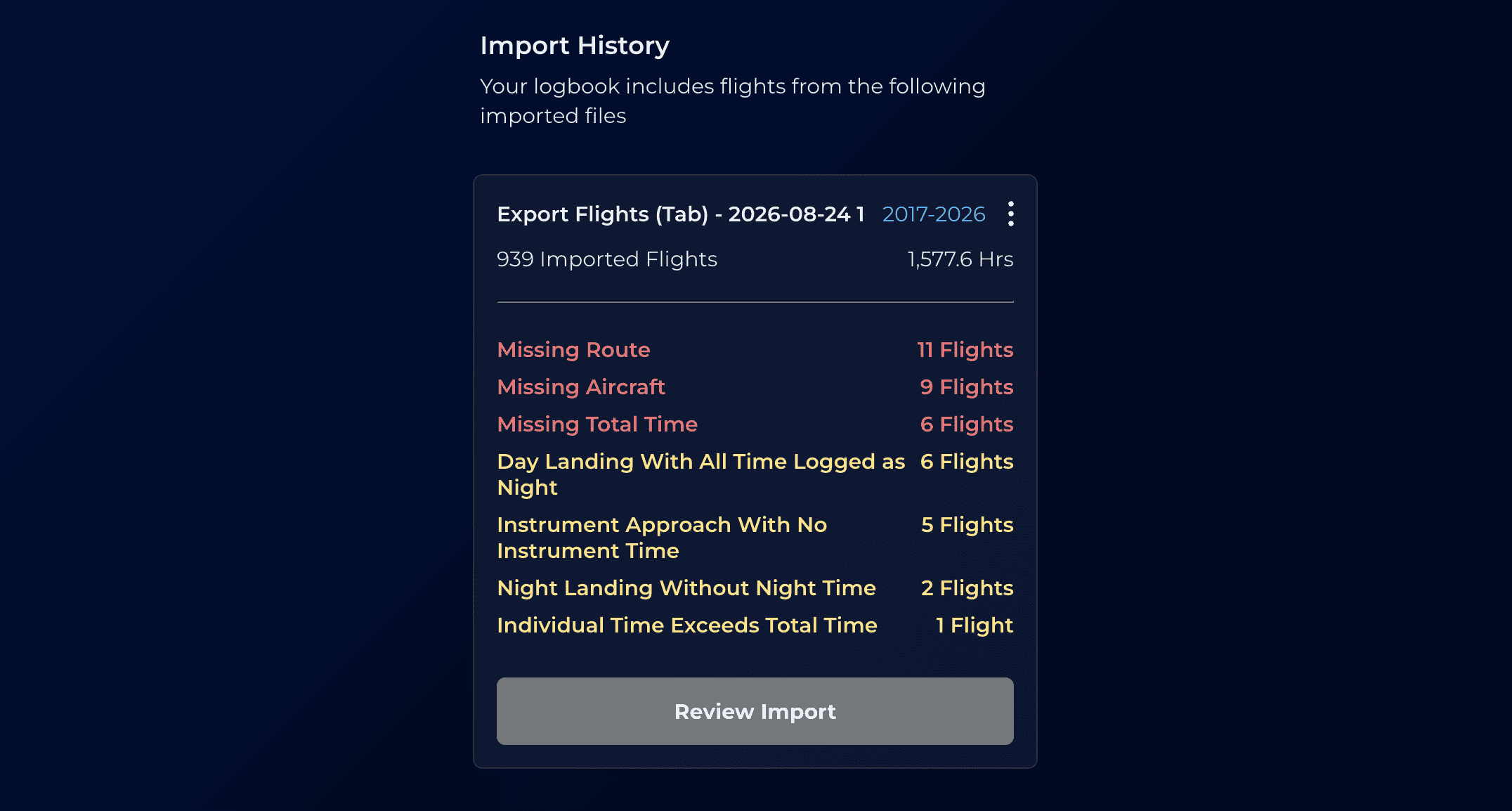 Pilot reviewing imported flight records in the AIROS digital logbook